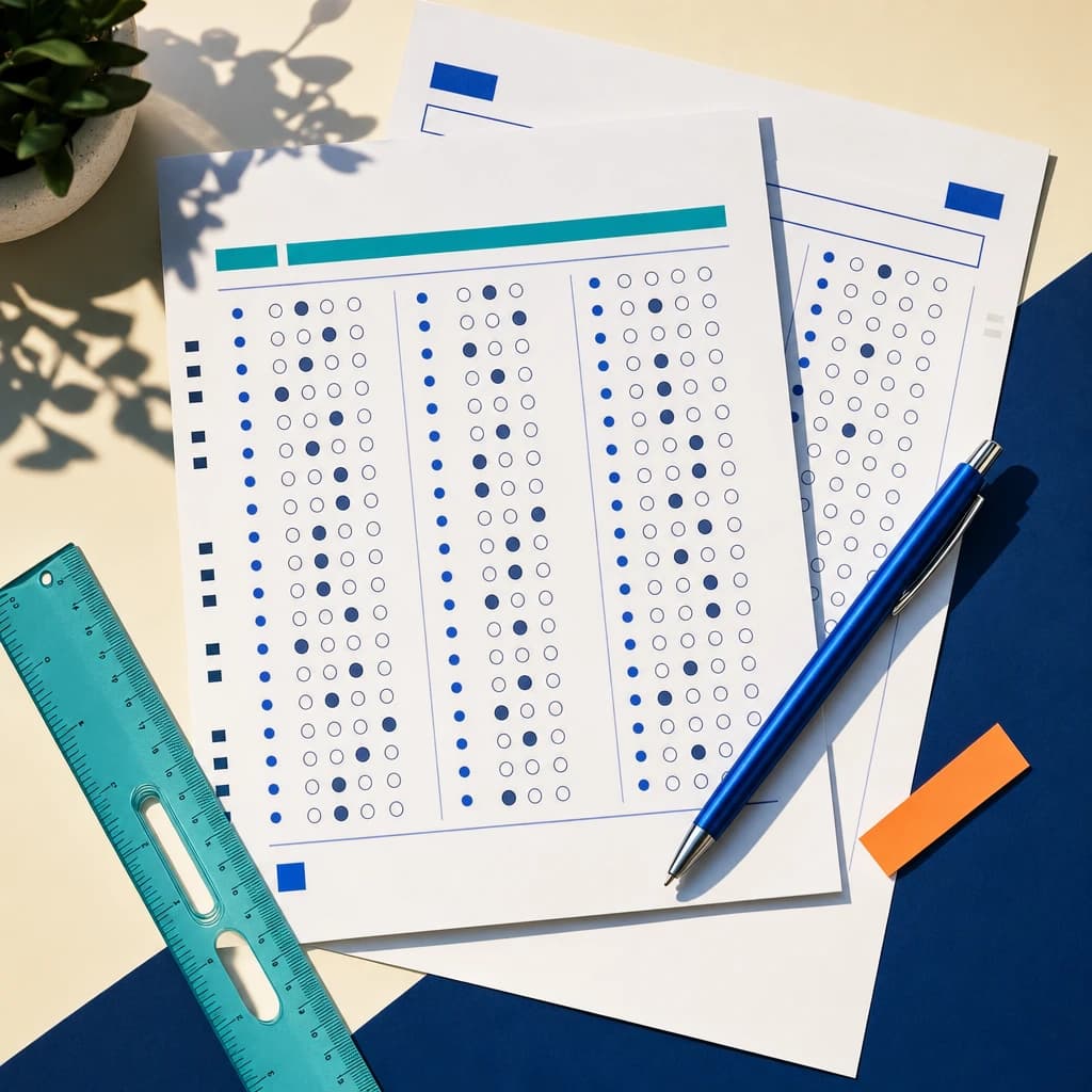 Assessment sheets, a blue pen, and a teal ruler on a desk