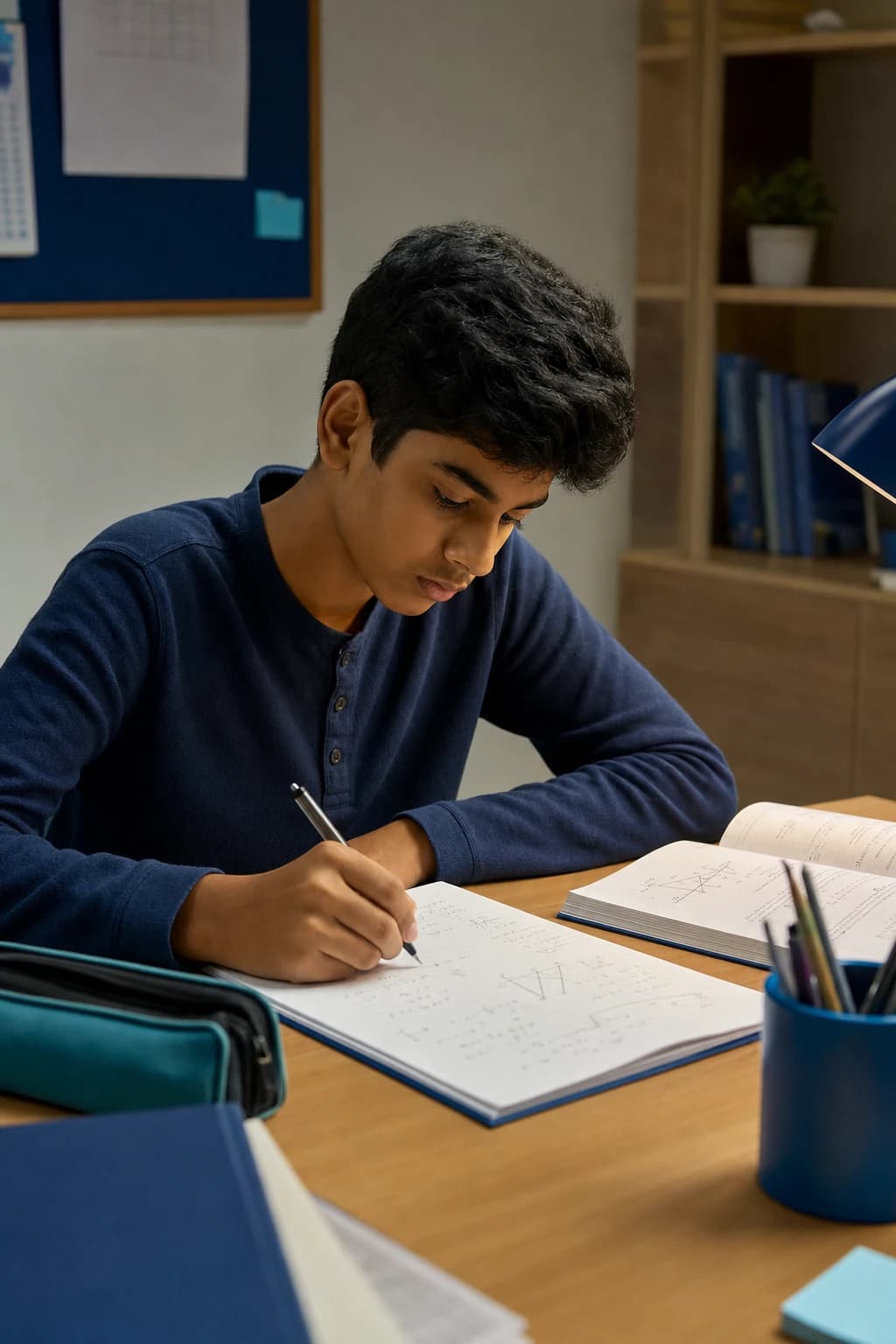 Student practicing mathematics independently at a study table